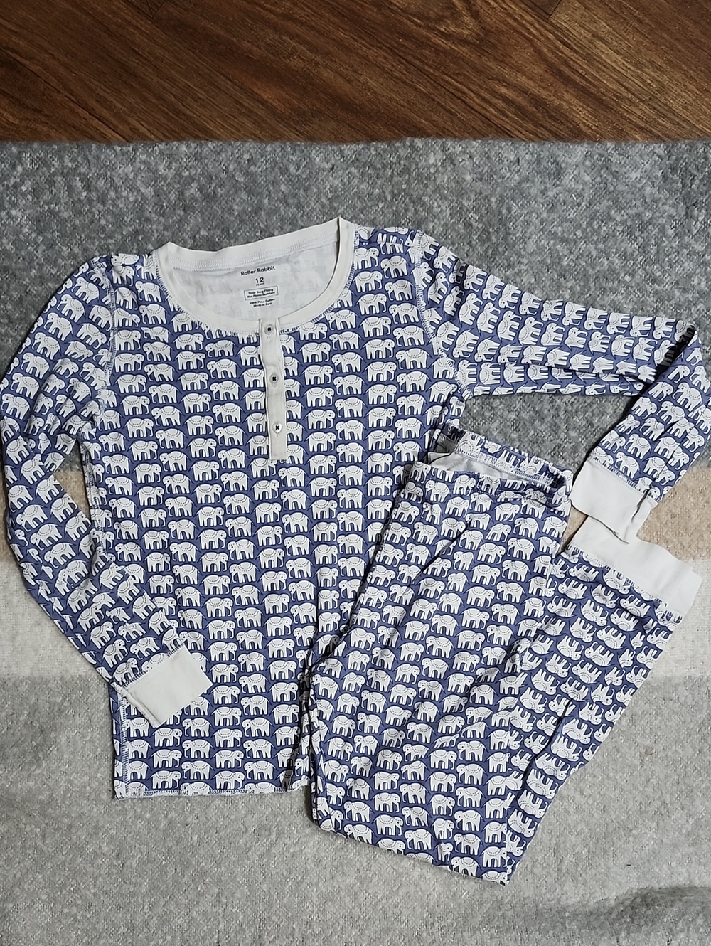 Roller Rabbit Kids Hathi Elephant Pajamas Set Blue White Sz 12 EUC Luxury PJs